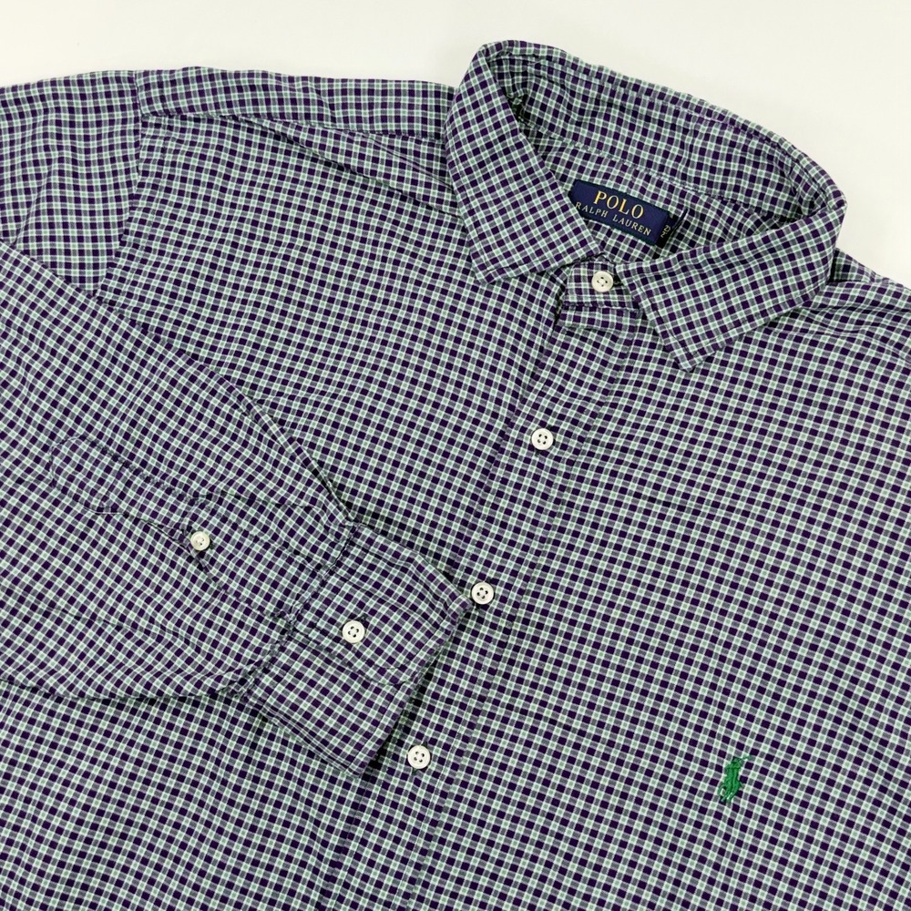 Polo Ralph Lauren Button Down Long Sleeve‎ Mens 2XB Gingham Check Purple Green
